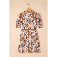 Brown Abstract Printed Puff Sleeve Button Up Braided Belt Mini Dress - L thumbnail