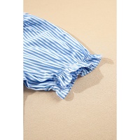 Sky Blue Stripe Bubble Short Sleeve Tiered Scallop Long Dress - L thumbnail