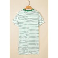 Green Stripe Ruffled Short Sleeve Crew Neck T Shirt Shift Mini Dress - XL thumbnail