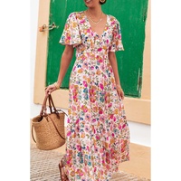Red Floral Short Sleeve V Neck High Waist Maxi Dress - L thumbnail
