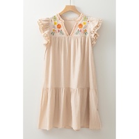 Jet Stream Linen Embroidery Split Neck Pom Pom Ruffle Sleeves Flowy Short Dress - L thumbnail