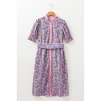 Pink Floral Shirred Puff Sleeve Buttoned Front Midi Dress with Sash - L thumbnail