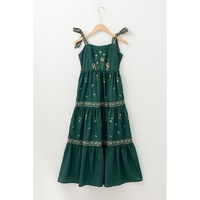 Blackish Green Floral Smocked Back Tied Straps Tiered Maxi Dress - L thumbnail