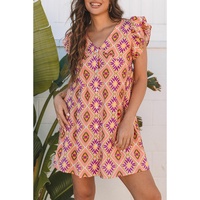 Orange Geometric Floral V Neck Buttoned Ruffled Sleeve Mini Dress - L thumbnail