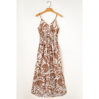 Khaki Floral Shirred High Waist Spaghetti Straps Maxi Dress - L thumbnail