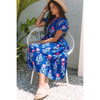 Sky Blue Floral Puff Short Sleeve V Neck High Waist Maxi Dress - L thumbnail