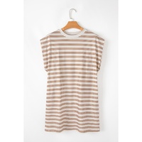 Khaki Stripe Round Neck Sleeveless Casual Pocketed Mini Dress - L thumbnail