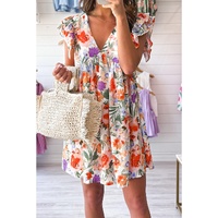 Pink Floral Double Ruffle Sleeve V Neck High Waist Mini Dress - L thumbnail
