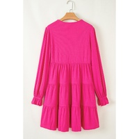 Rose Red Colorful Crochet V Neck Textured Tiered Ruffled Long Sleeve Mini Dress - S thumbnail