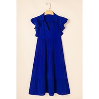 Bluing Ruffled Short Sleeve Collared V Neck Tiered Midi Dress - L thumbnail