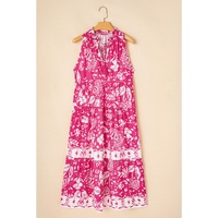 Rose Floral Sleeveless Tasseled Lace-up Neck Tiered Midi Dress - L thumbnail
