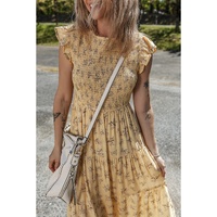 Yellow Boho Floral Print Ruffle Smocked Flowy Summer Dress - M thumbnail
