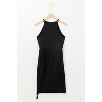 Black Racerback Ribbed Knit Drawstring Bodycon Dress - S thumbnail