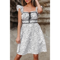 White Floral Print Pipping Trim Flutter Sleeve Mini Dress - M thumbnail