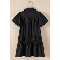 Black Shirt Style Button Down Puff Sleeve Ruffle Hem Dress - S thumbnail