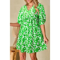 Green Floral Print Puff Half Sleeve V Neck Babydoll Dress - L thumbnail