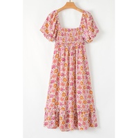 Pink Floral Square Neck Knotted Ruffle Midi Dress - L thumbnail