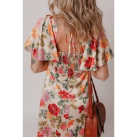 Multicolour Vintage Floral V Neck Short Sleeve Tie Back Long Slit Dress - L thumbnail
