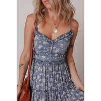 Blue Floral Spaghetti Strap Frilled V Neck Tiered Midi Dress - L thumbnail