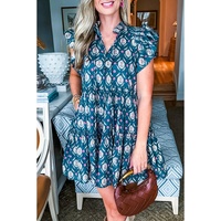 Blue Retro Floral Print Split Neck Ruffle Short Sleeve Dress - M thumbnail