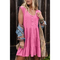 Bright Pink Waffle Textured Button Round Neck A-line Tiered Sleeveless Dress - L thumbnail