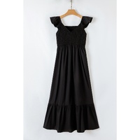 Black V Neck Flutter Sleeve Smocked Bodice High Waist Ruffle Maxi Dress - S thumbnail