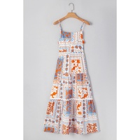 Orange Multi Printed Ricrac Trim Spaghetti Straps Maxi Dress - L thumbnail
