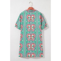Mint Green Geometric Butterfly Print Split Neck Short Sleeve Dress - L thumbnail