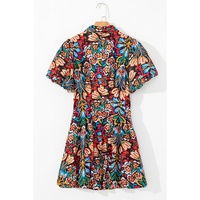 Multicolour Floral Puff Short Sleeve Shirt Mini Dress - M thumbnail