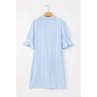 Beau Blue Jacquard Texture Flared Short Sleeve Notched Neck Mini Dress - L thumbnail