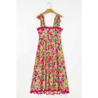 Multicolour Floral Tied Straps Ricrac Trim Maxi Dress - M thumbnail