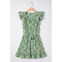 Green Flower Print Flutter Sleeve V Neck Sashed Ruffled Mini Dress - XL thumbnail
