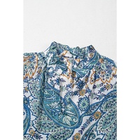 Blue Bohemian Paisley Floral V Neck Short Sleeve Mini Dress - M thumbnail