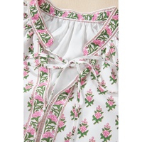 Pink Floral Print Bubble Sleeve Neck Tie Ruffled Dress - L thumbnail