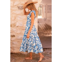 Sky Blue Floral U Neck Flutter Shoulder Tiered Flowy Midi Dress - S thumbnail