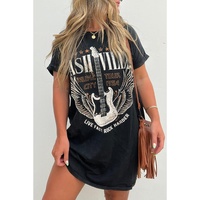 Black Nashville Guitar Print Crew Neck T Shirt Mini Dress - S thumbnail
