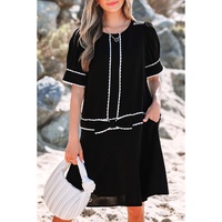 Black Contrast Scallop Trim Bow Detail Half Sleeve Shift Dress - S thumbnail