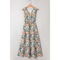 Green Floral Print Trimmed V Neck Tie Waist Sleeveless Holiday Long Dress - M thumbnail
