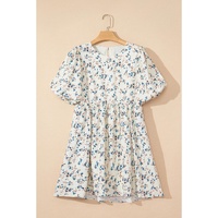 Beige Floral Puff Short Sleeve Empire Waist Mini Dress - L thumbnail