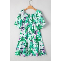 Green Floral Print Shirred Square Neck Loose Fit Mini Dress - L thumbnail