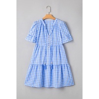 Sky Blue Gingham Short Sleeve Button Tie Split Neck Loose Mini Dress - L thumbnail