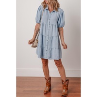 Beau Blue Shirt Collar Button Up Short Puff Sleeve Tiered Shift Dress - M thumbnail