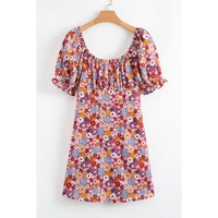 Red Floral Puff Sleeve Square Neck Knot Open Back Mini Dress - L thumbnail