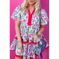 Pink Floral Print Contrast Trim V Neck Bubble Short Sleeve Babydoll Dress - L thumbnail