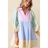 Multicolour Striped Patchwork Ric Rac Puff Sleeve Collared Mini Dress - L thumbnail
