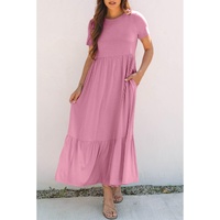 Pink Solid Color T-shirt High Waist Pocketed Long Dress - M thumbnail