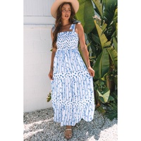 Sky Blue Floral Smocked Tied Straps A-Lined Tiered Maxi Dress - L thumbnail