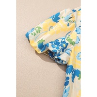 Blue Floral Striped Trim Puff Short Sleeve Dress - L thumbnail