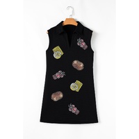 Black Sequin Patched V Neck Collared Mini Dress - L thumbnail