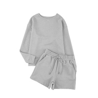 Gray Textured Long Sleeve Top and Drawstring Shorts Set - M thumbnail